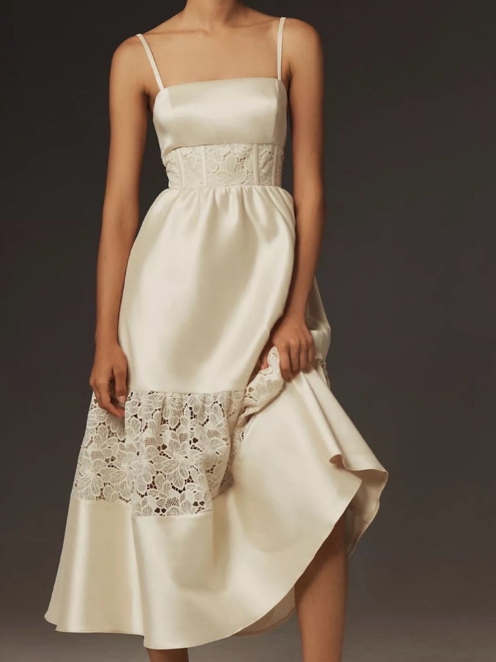 BHLDN Gabrielle Taffeta Lace A-Line Midi Dress Light Yellow Size M